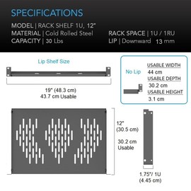 Beiyier 1U Server Rack Shelf, Suitable for 19" Network Equipment Racks and Cabinets, Ventilated Cantilever Tray, Depth of 12 inches, Well-Ventilated (1PCS, Black)