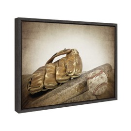 DesignOvation Sylvie Vintage Baseball And Glove Framed Canvas Wall Art By Shawn St. Peter, 18x24 Gray