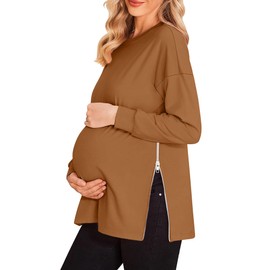 Women's Maternity Shirts Long Sleeve Sweatshirt Zipper Split Side Pregnancy Casual Tunic Top Coffee