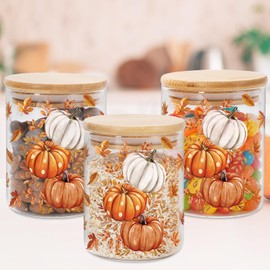 JarThenaAMCS 3Pcs Fall Glass Storage Jars Autumn Leaves Pumpkins Clear Canisters Sets with Airtight Bamboo Lids for Thanksgiving Home Kitchen Countertop Decor