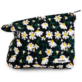 Sminra Makeup Bag Cosmetic bag Preppy Canvas Embroidery Toiletry Bag for women Cute zipper pouch Organizer Travel accessories (Little Daisy-Black, Large)