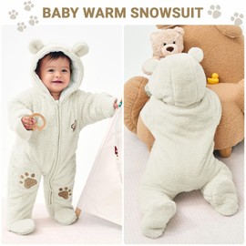 Baby Snowsuits Winter Jumpsuit Hooded Fleece Romper Girls Boys Warm Outfits 3-6 Months (66cm) White