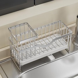 Sink Caddy Sponge Holder, Stainless Steel Kitchen Organizer with Auto-Drain Tray, Silver, 10x25x10cm, Rustproof Countertop Storage