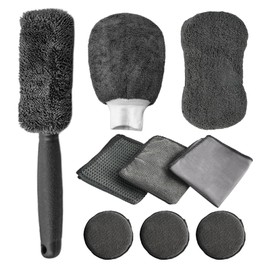 Vlecexs Car Cleaning Set, 9-Piece Car Wash Set, Car Cleaning Set, Car Care Set with Tyre Brush, Multi-Purpose Cleaning Cloths, Polishing Pad and Sponge Interior Cleaning for Automotive, Grey