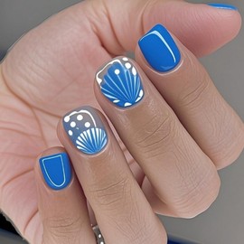 Extra Short Nails Press on Square Blue Fake Nails Petite False Nails with Shell Polka Dots Designs Summer Acrylic Nails Beach Nails Full Cover Glossy Glue on Nails for Women Girls 24Pcs