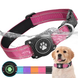 Ytanest Luminous Waterproof Airtag Dog Collar, Adjustable Reflective Air Tag Holder Collar Reflective for Small Medium Large Dog, Red, M