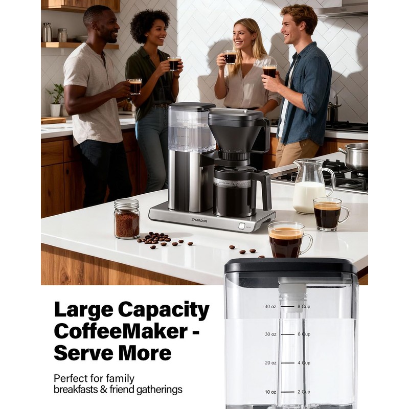 SHARDOR 8-Cup Drip Coffee Maker with Reusable Filter and Glass