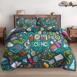 WeCozy 2 Pcs Twin Size Comforter Set with Pillowcase, Science Fun Chemistry Cartoon Biology Soft Bedding Set for Kids and Adults Bedroom Bed Decor