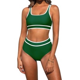 Nadeer Women's Bikini Set Two Piece Swimsuits Sporty Bikini Tops High Waisted Bottom Color Block Bathing Suits Padded Beachwear(Green,L)