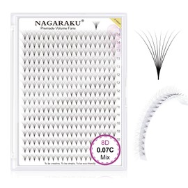 NAGARAKU Premade Fans Eyelash Extensions 320 Fans 8D Volume 0.07mm C curl 9-14 mm Mix Tray Sharp Narrow Stem Clusters Thin Pointy Base Russian Pre Fanned Fluffy Matte Black