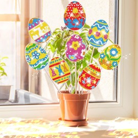 Sunwuun Pack of 8 Diamond Painting Easter, Easter Crafts Children and Adults Garden Decoration for Outdoor and Indoor, Diamond Painting Children's Keyring, DIY Easter Craft Set Gift
