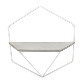 Set of 2 Hexagon Wall Shelves - Contemporary Rustic Coastal White and Gray Metal and Wood Decorative Floating Wall Storage Shelf
