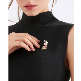 Pink Rhinestone Rabbit Brooch Pin for Women Girls Gold Plated Cute Crystal Birthstone Bunny Animal Pet Lapel Pins Delicate Zodiac Birthday Easter Holiday Jewelry Gift for Her