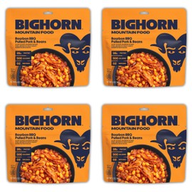 BIGHORN Mountain Food Bourbon BBQ Pulled Pork and Beans - contains 4 packs | 8 servings | 140g Protein | 2,000 Calories - premium freeze dried meals for backpacking food - dehydrated camping food for backpacking meals - ideal camping meals just add water - great taste