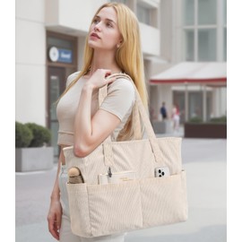 oscaurt Tote Bag Shopper Bag Women's Laptop Bag Waterproof Work Bag Women with 17 Inch Laptop Compartment Foldable Handbag Beach Bag Sports Bag for Women, Beige corduroy