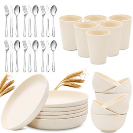 36pcs Wheat Straw Dinnerware Sets, Unbreakable Reusable Kitchen Cups Plates and Bowls Sets, Dishwasher and Microwave Safe Kitchenware Dishes Set for Home, Office, Travel,Picnic (Cream Color)