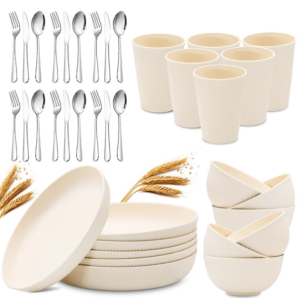 36pcs Wheat Straw Dinnerware Sets, Unbreakable Reusable Kitchen Cups Plates