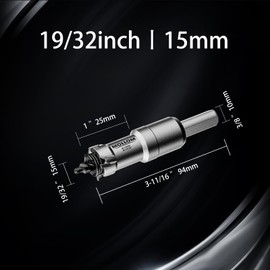 Mollom (19/32" | 15mm) Heavy Duty Carbide Hole Saw with 2 Pilot Drill Bits, Hole Cutter cuts Stainless Steel, mild Steel, Iron, Copper, Brass, Plastic
