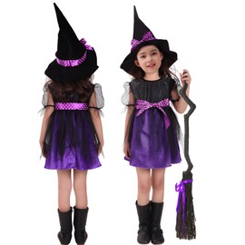 New King Halloween Cosplay Children's Witch Dress + Hat + Belt 3-Piece Set, Girls, Costume, Kids Costume, 35.4 inches (90/100/110/120 cm), 43.3 inches (110 cm), Purple)