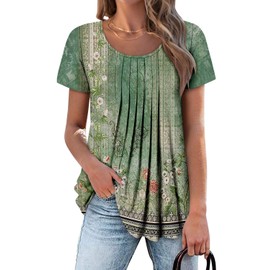 onlypuff Womens Short Sleeve Round Neck Tops Pleated Button Down Blouse Dressy Flowy Henley T-Shirts