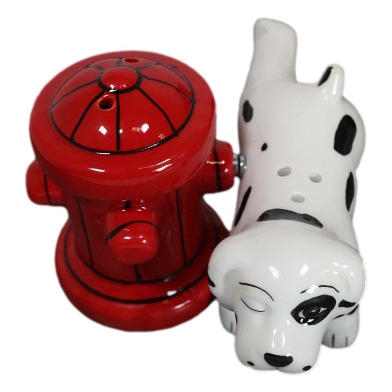 Peeing Dalmatian With Fire Hydrant Ceramic Salt Pepper Shaker Magnetic