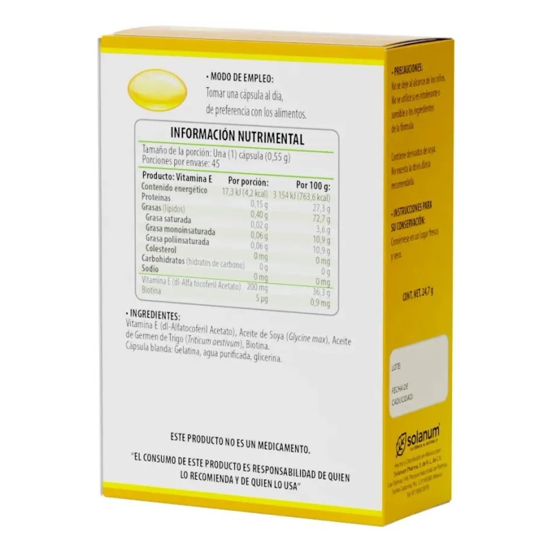 Solanum Pharma Vitamina E Biotina 45 Cps 550 Mg Cu