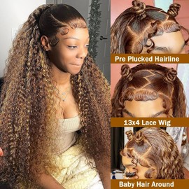 XSY Highlight Blonde Deep Curly Wave Lace Front Wigs Human Hair 4/27 Ombre Brown Lace Wig 13x4 HD Lace Front Wigs for Women Glueless Wigs Human Hair Pre Plucked with Baby Hair 150% Density 20 Inch