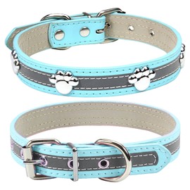 PETCARE Reflective Dog Collar with Cute Paw Rivet Studded Funny Soft PU Leather Adjustable Puppy Dog Collars for Small Medium Large Dogs Cats (Blue,XX-Large)