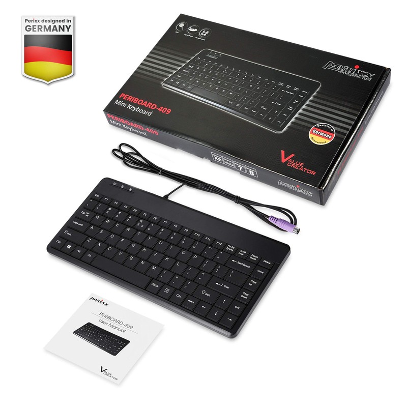 Perixx PERIBOARD-409P Teclado PS2 Mini con Cable, Negro, diseño en