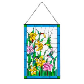 Viveta Hummingbird Stained Glass Window Hanging, Birds and Flowers Suncatcher for Window, Hummingbird Window Panel Hanging Ornament(Rectangular 10 * 15")