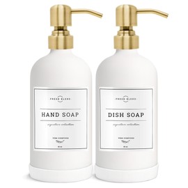 Vine Creations White Glass Soap Dispenser, 2 Pack Kitchen Soap Dispenser Set with Stainless Steel Pump, 16 oz Dish Soap and Hand Soap Dispensers for Bathroom with Waterproof Labels