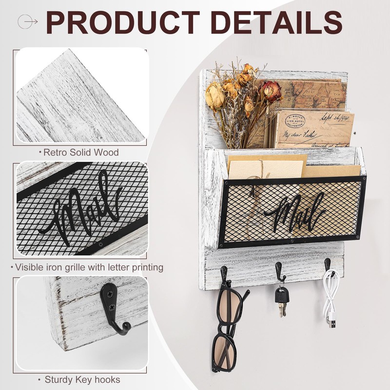 Yalikop Mail Organizer Wall Mounted Mail Holder Hanging Key and