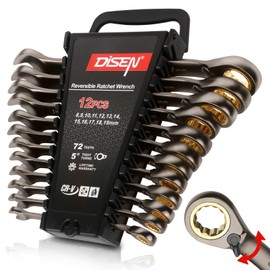 DISEN 12-Piece Reversible Ratcheting Wrench Set, Combination Wrench Set Metric 8-19MM, 72-Tooth, CR-V Steel, Nickel Plating, Crank Design with Organizer Rack