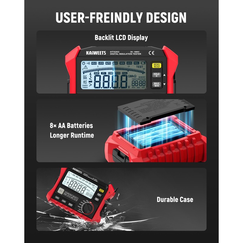KAIWEETS HT5203 Megohmmeter, Insulation Resistance Tester, Up to 100GΩ, 50V/100V/250V/500V/1000V,