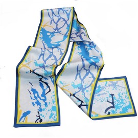 GIMIRO Satin Silk Scarf Double Layers 150 x 16 cm Tie Flowers Waist Belt for Blazer, Coat, Dress, Blue Irregular Curves