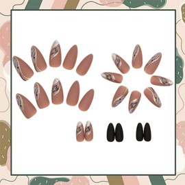 24 PCS Almond Press on Nails Gold White Ripples Fake Nails Glossy Marble Pattern Full Cover False Nails Stick on Nails with Glitter Line Design Artificial Nails Glossy Nude Glue on Nails for Women