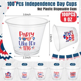 Jingmore 100 Pcs 4th of July Cups 9oz Plastic Disposable Cups for Independence Day Red Blue White Star Stripe Flag for Patriotic Memorial Party Supplies