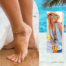 MPRAINBOW Waterproof Gold Anklets for Women - 14k Gold Plated Ankle Bracelets,Summer Beach Surfer Foot Chain Multilayered Stack Bracelet Anklet Set,Layered Trendy Jewelry for Her Girlfriend