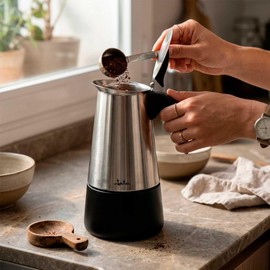 JATA Hogar HCAF2254 - Caffettiera italiana a induzione, 4 tazze, in acciaio inox, per tutte le cucine, fondo Full Induction, manico ergonomico, 200 ml