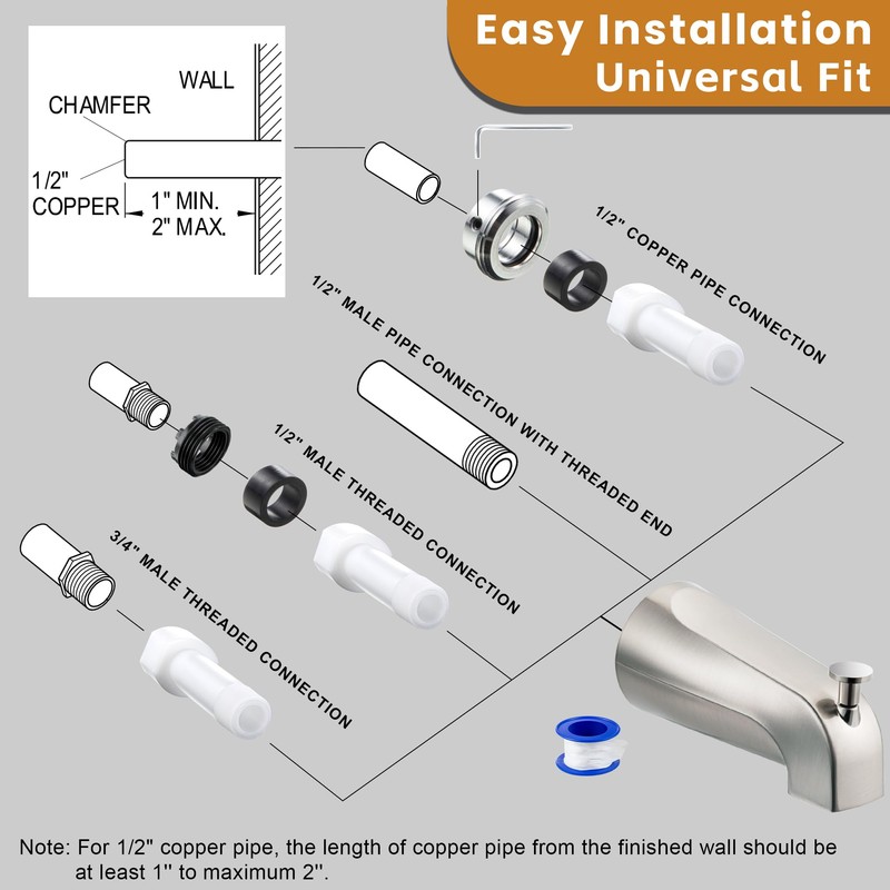 Dreyoo Tub Spout (Universal Fits 1/2" Copper Pipe, 1/2" IPS