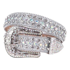 TINIDI Men Women Rhinestone Belt Western Luxury Strap Diamond Sparkle Bling Studded Leather Belts (01 Silver, Fit Waist 36-38 inches)