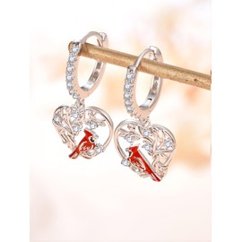 Red Cardinal Hoop Earrings for Women Dangle Sterling Silver 925 Cardinal Bird Earrings Cute Heart Cardinals Jewelry Remembrance Gifts