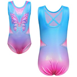 TFJH E Sleeveless Girls Leotard Gymnastic Outfits Ballet Dance Bodysuits Activewear Bbutterfly Size 7-8 Blue Pink 8A