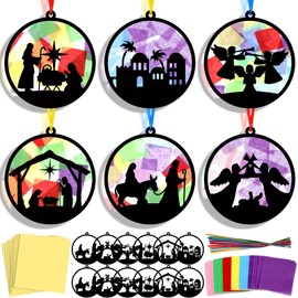 30 Pcs Christmas Nativity Suncatchers Paper Craft Set Xmas Birth of Jesus DIY Stained Glass Effect Tissue Paper Kits Gift Bulk for Religious Church Classroom Activities Art Party Decor
