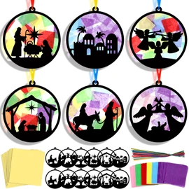 30 Pcs Christmas Nativity Suncatchers Paper Craft Set Xmas Birth of Jesus DIY Stained Glass Effect Tissue Paper Kits Gift Bulk for Religious Church Classroom Activities Art Party Decor