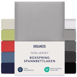 Dreamzie Premium fitted sheet, 90 x 200 cm, 100 x 200 cm, 37 cm side height, also for box spring bed and waterbed, bed sheet, box spring bed, 100% jersey cotton, 150 g/m², Oeko-Tex, grey