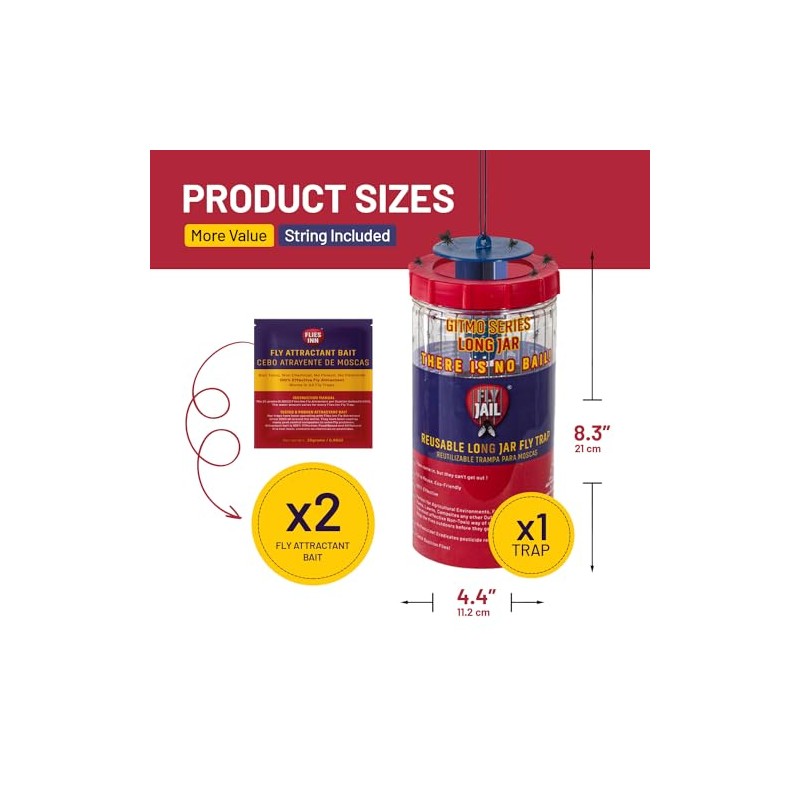 Long Jar Reusable Fly Trap with Attractant Baits