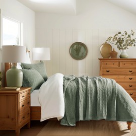 EVERGRACEHOME Stonewashed Cotton Quilt Set King Size, Ultra Soft Oversized Bedspread Coverlet Set, Lightweight Crinkle Box Stitch Bedding Sets for All Season, with 2 Matching Shams, Olive Green