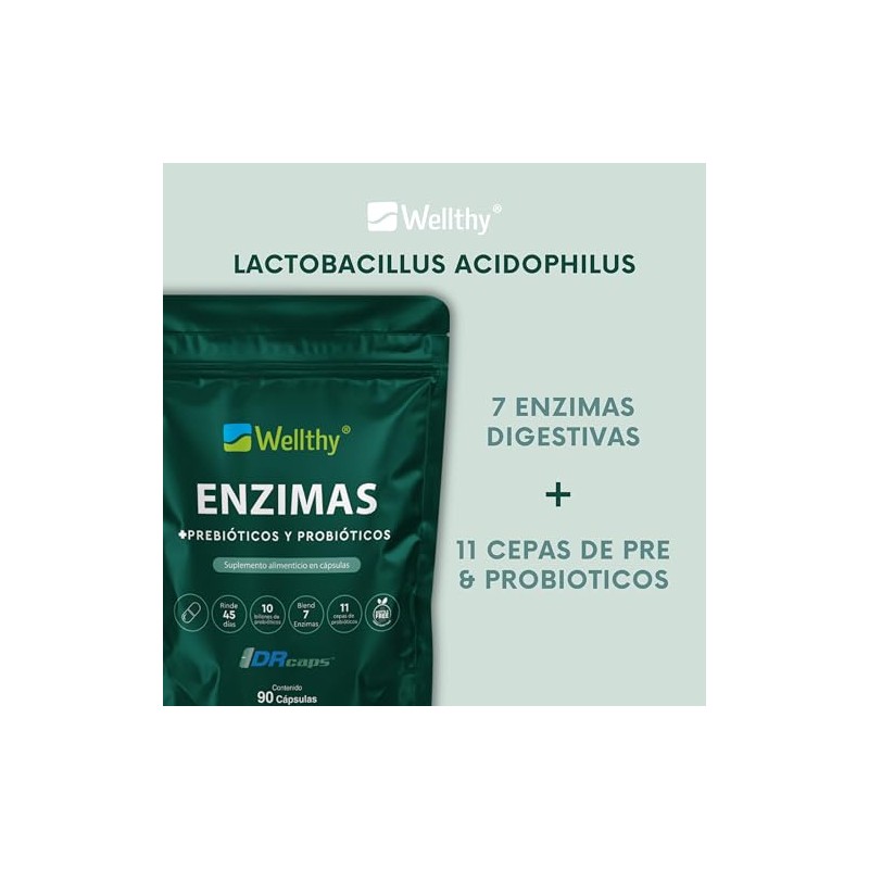 Wellthy Enzimas Digestivas 90 Cápsulas. Reforzado con Prebioticos y Probioticos.
