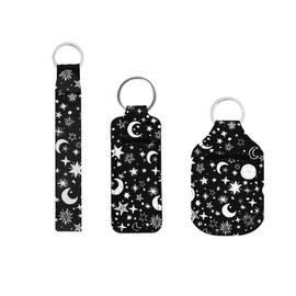 Suobstales Star Moon Print Travel Bottles with Keychain Holder Black Chapstick Holder Keychain Set Neoprene Portable Pouch Wristlet Lanyards for Home Traveling